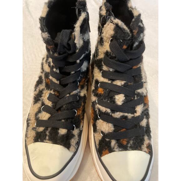 STEVE MADDEN Shaft Leopard High Sneakers 6M Platform Shearling Tan Black - Picture 6 of 8